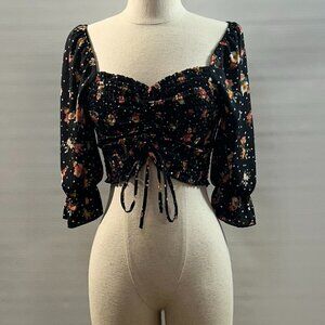 Timing black floral and polka dot smocked crop top Juniors Large